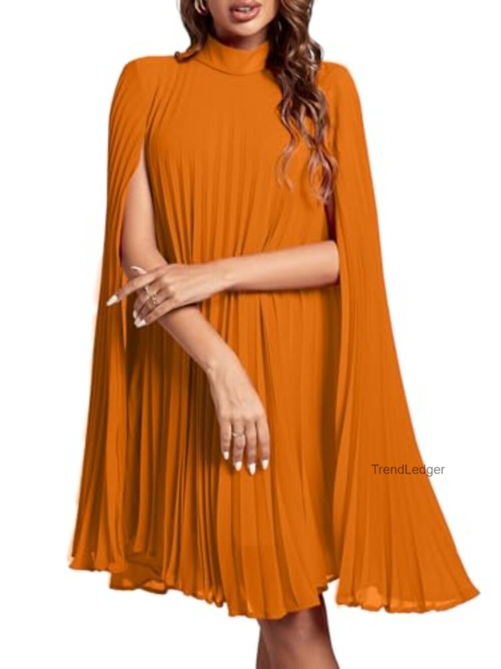 Mock Neck Cloak Sleeve Pleated Midi Dress Keyhole Back